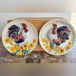 VTG GANZ 3D Ceramic Rooster & Sunflowers Decorative Plate Set Farmhouse Kitchen